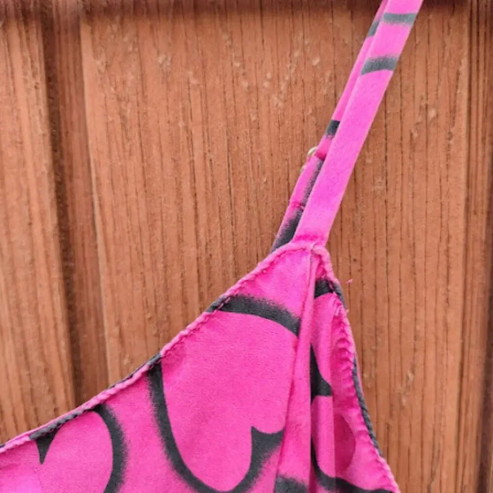 LAURA LEIGH | Hot Pink Silk Slip Dress Hearts Print 90S Y2K Nightie Dress M
